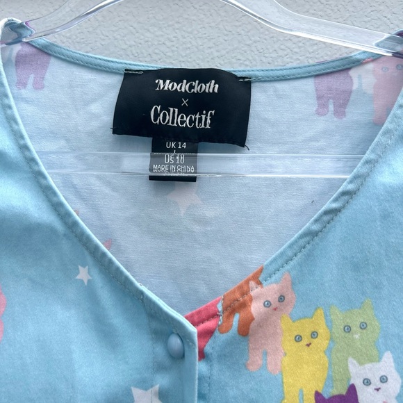 ModCloth X Collectif Cat Top Women L 10 Blue Multi Tie Button Front Puff Sleeves - Picture 3 of 13